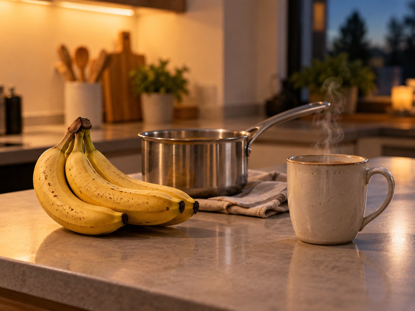 Illustration d’une banane accompagnée d’une tasse de boisson chaude